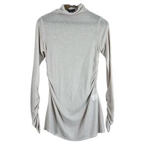 Express Ruched Tunic Top Womens M Cream Mock Neck Sheer Stretch Minimalist Basic